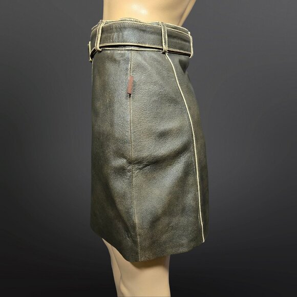Y2K Brown leather Mini Skirt Size M Belted Zip Front Distressed Lined - Picture 4 of 10
